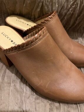 Lucky Brand Cognac Leather Whipstitch Block Heel Mules
